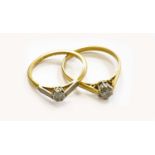 An 18 Carat Gold Diamond Solitaire Ring, finger size P1/2; and Another Diamond Solitaire Ring, marks