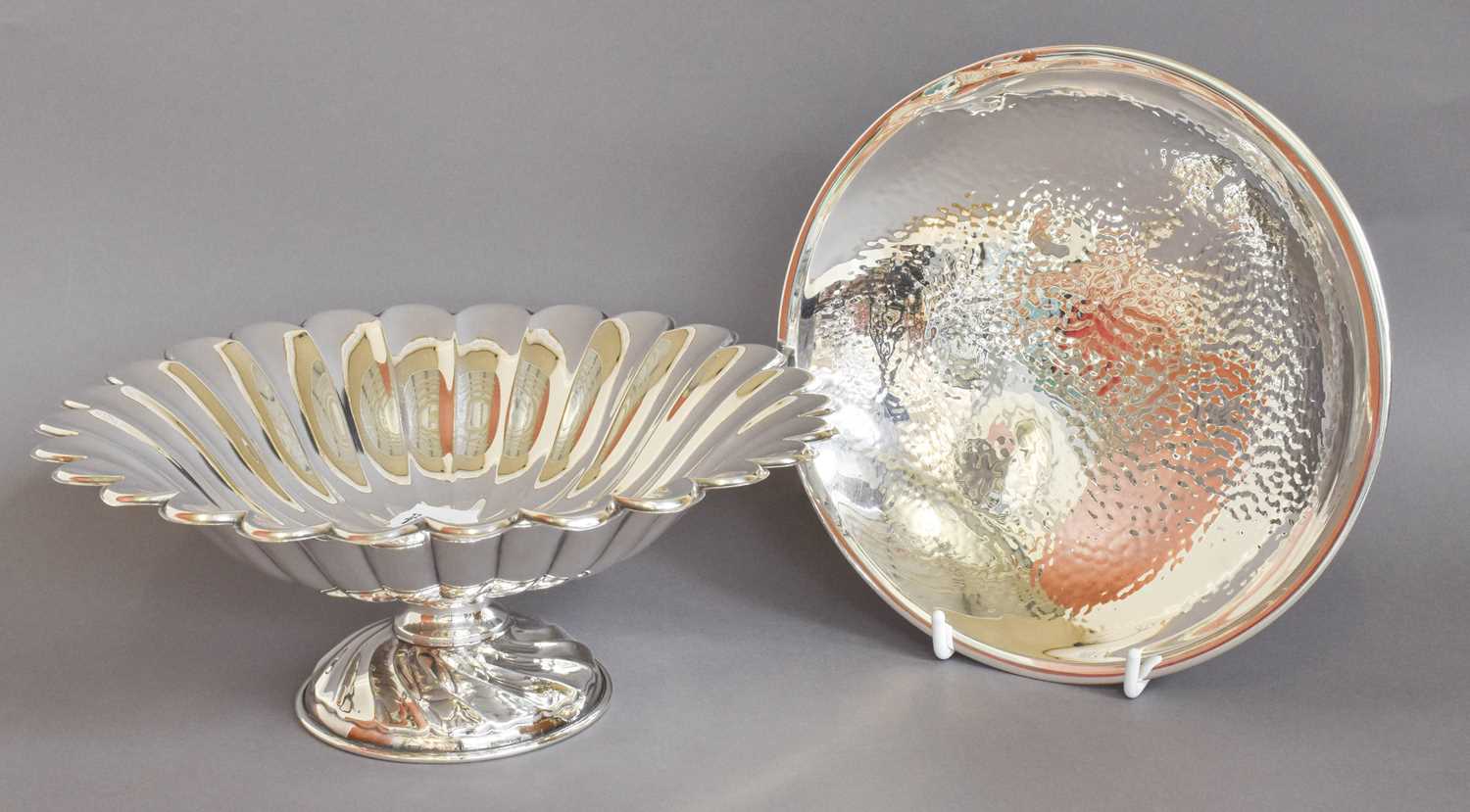 An Israeli Silver Bowl and Pedestal Dish, the bowl stamped indistinctly, with hammered finish and on