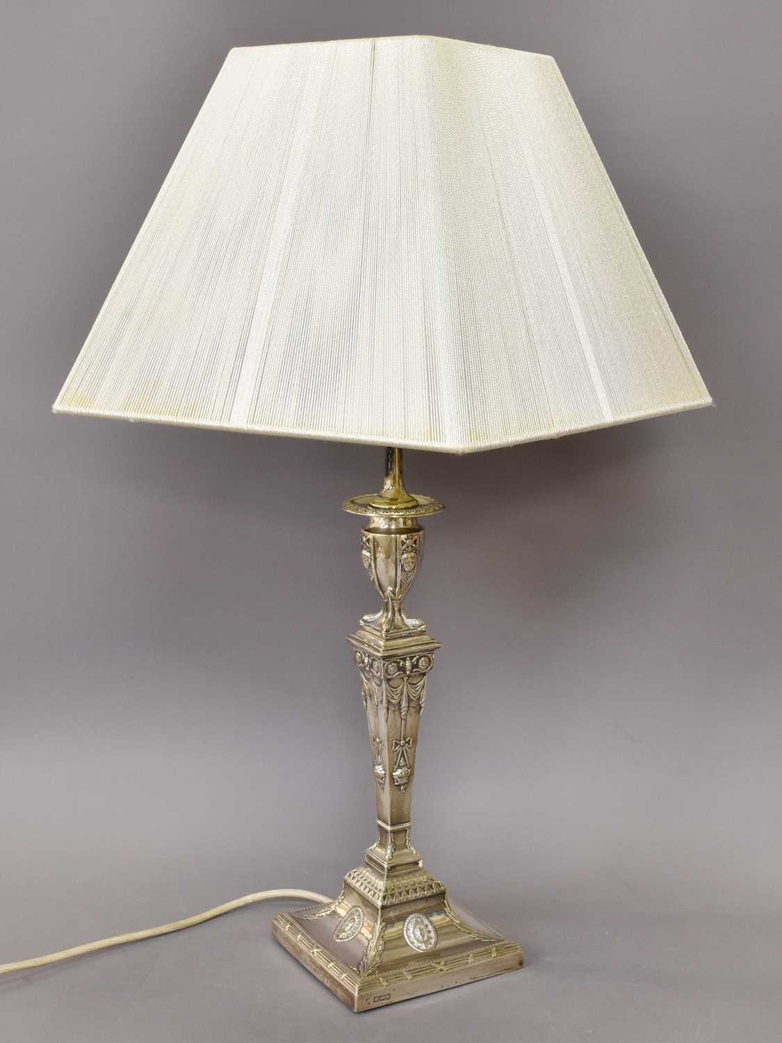 A Silver Candle Stick, converted to a table lampFully marked on base. There is some wear to the