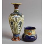 A Doulton Lambeth Stoneware Vase Sprigged with Art Nouveau Flowers, 26cm high, together with A