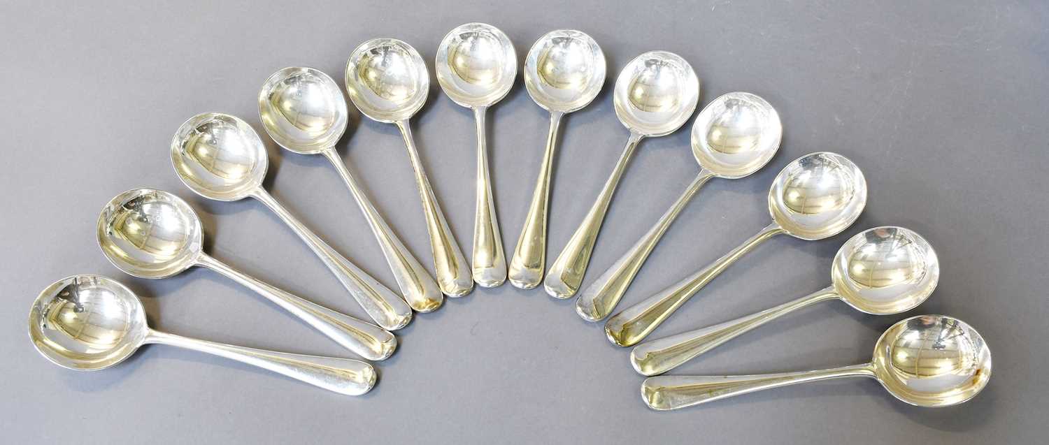 A Set of Twelve Elizabeth II Silver Soup-Spoons, by Tessiers Ltd., London, 1973, Hanoverian pattern,