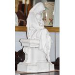A Parian Figure of a Mother and Child, on a white glazed plinth base, 62cm high (a/f)