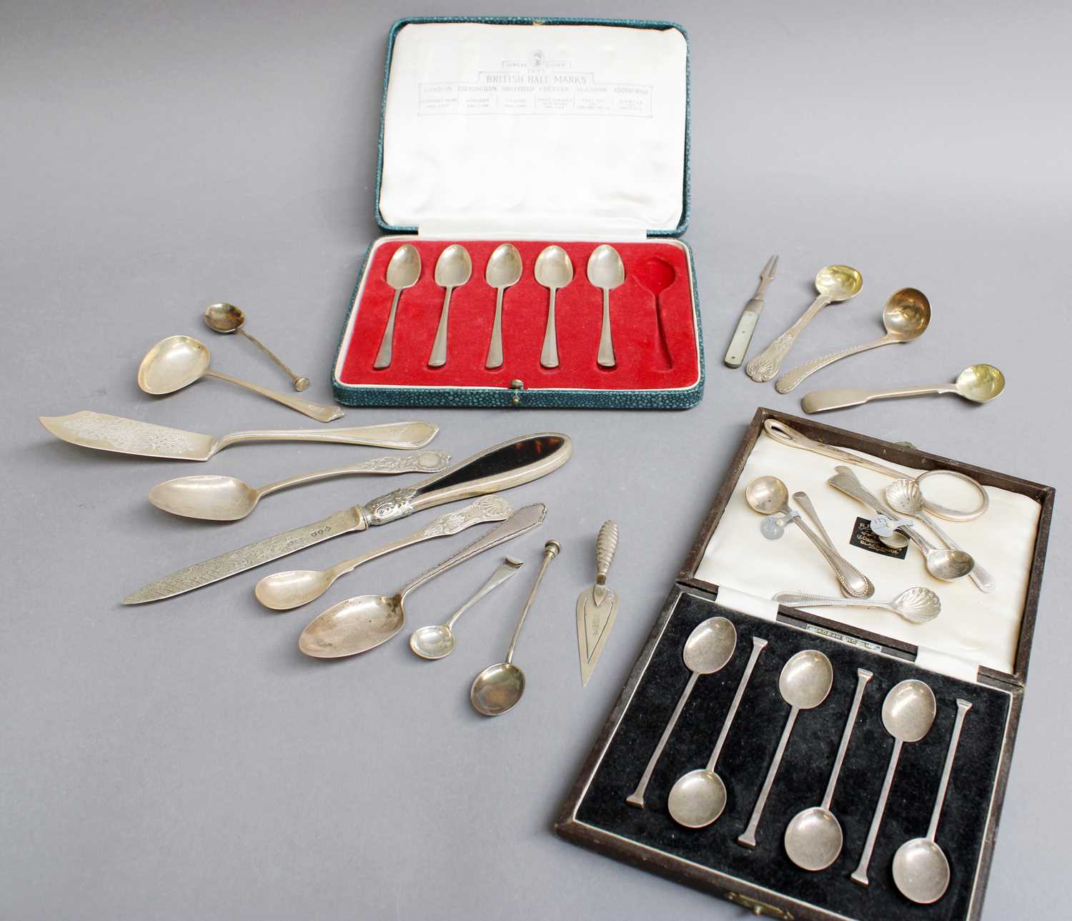 A Tray of Assorted Silver Flatware and Other Items, including two cased sets of coffee-spoon, one