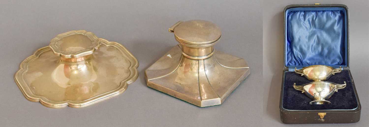 Two Silver Inkwells and a Cased Pair of Silver Salt-Cellars, one inkwell by Hawksworth, Eyre and Co.