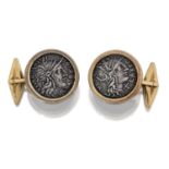 A Pair of Coin Cufflinks, mounted with coins in the style of the Roman Republican silver denarii