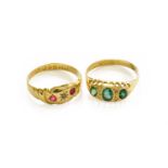 An 18 Carat Gold Ruby and Diamond Three Stone Ring, finger size P; and An 18 Carat Gold Green