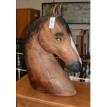 A Leather Mounted and Painted Model of a Horses Head with Glass Eyes, 72cm high