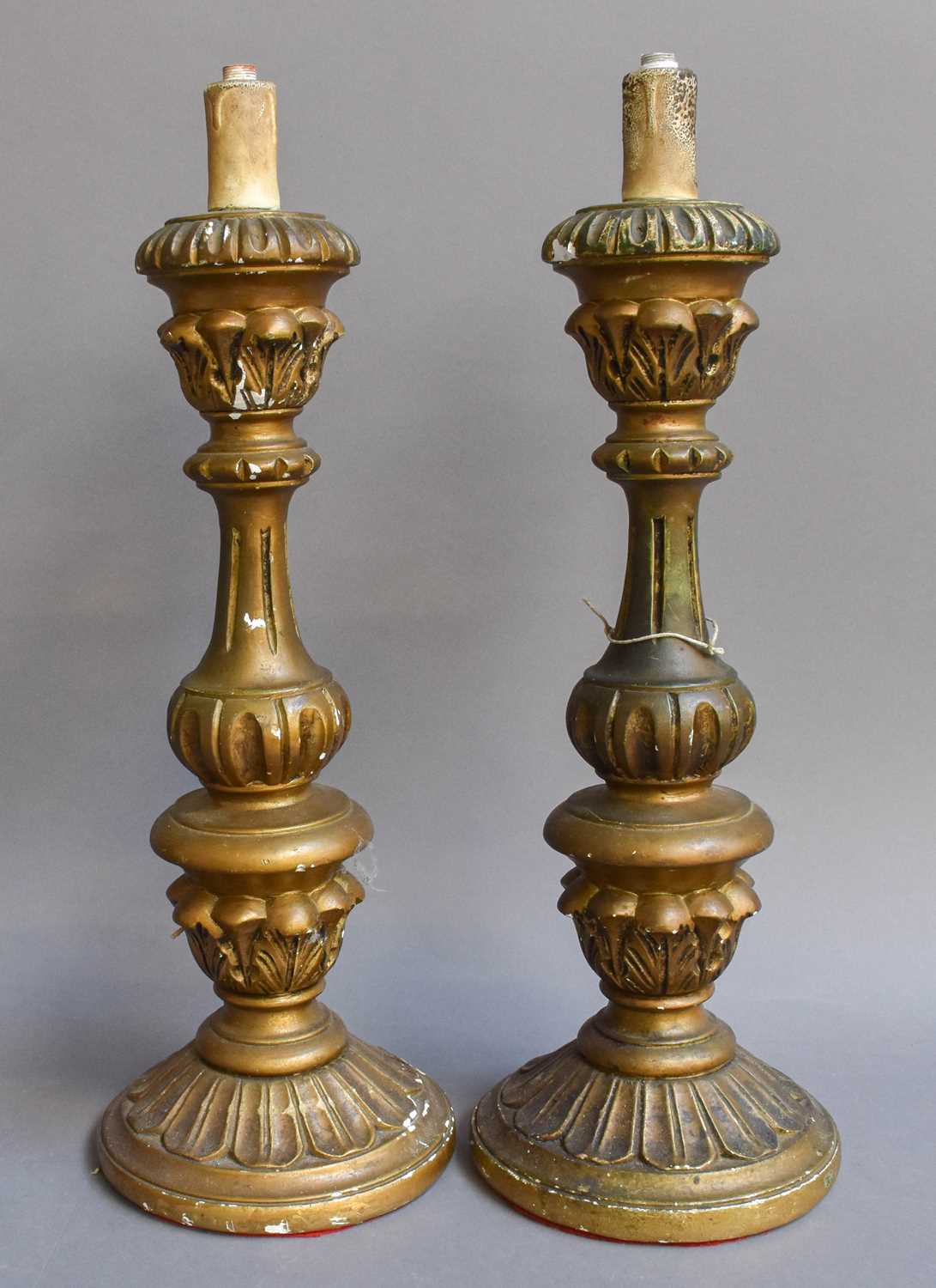 A Pair of Gilt Composition Table Lamps, in the form of candle sticks, 45cm high together with A - Image 2 of 3