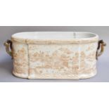A Continental Pottery Planter, with transfer printed oriental landscapes and twin bronzed handles,