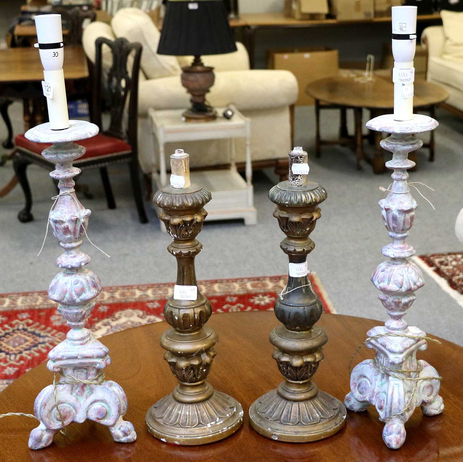 A Pair of Gilt Composition Table Lamps, in the form of candle sticks, 45cm high together with A