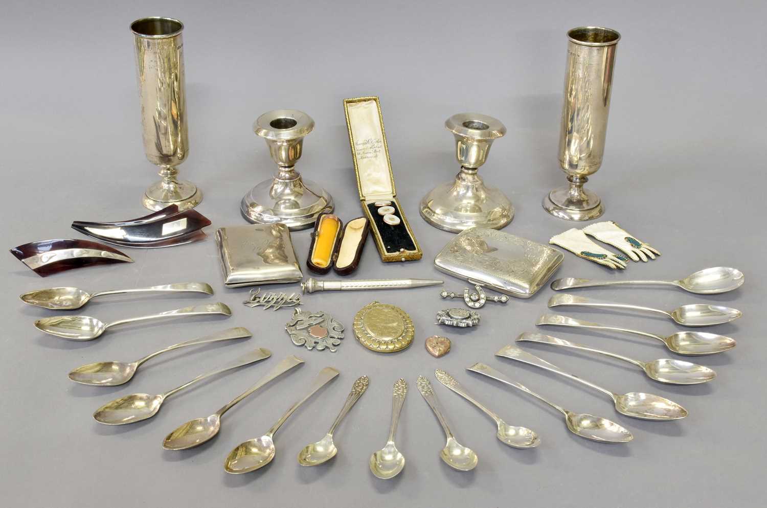 A Collection of Assorted Silver and Other Items, including a small group of silver teaspoons, some