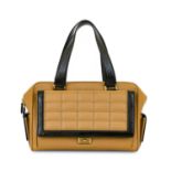 Jimmy Choo Catherine Bag, a caramel coloured leather rectangular shaped bag with quilted flap to the