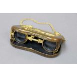 A Pair of Leather Mounted Brass Folding Opera-Glasses, the green leather covered body opens to