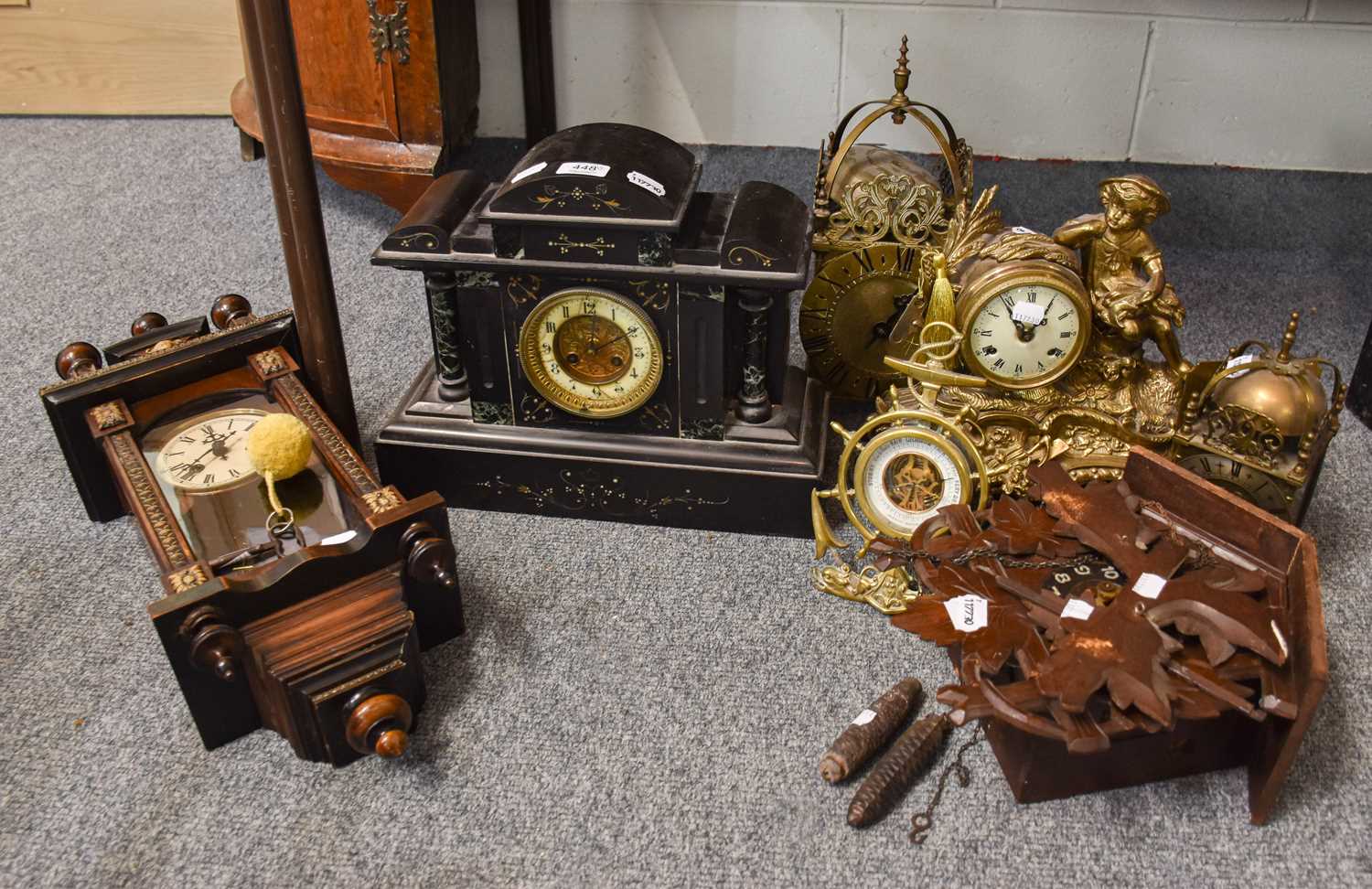 A Victorian Slate Mantel Clock, a French figural gilt metal mantel clock, a Vienna style wall time