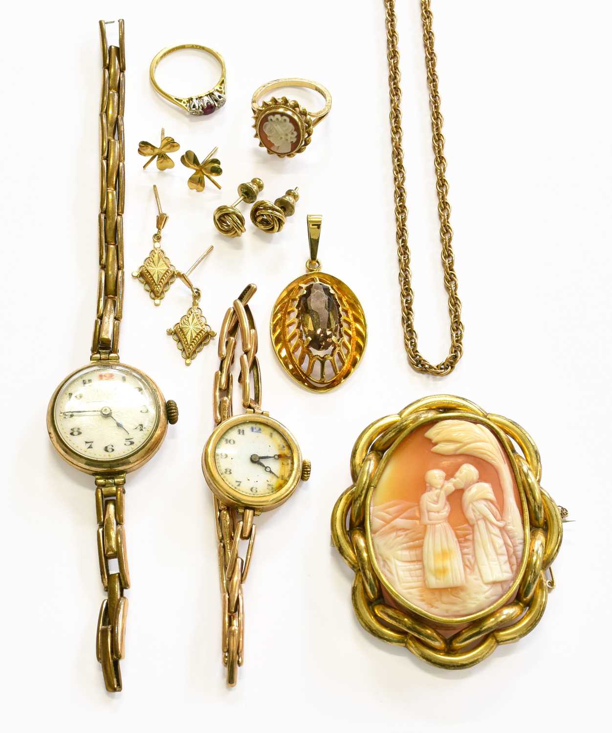 A Small Quantity of Jewellery, including a 9 carat gold smoky quartz pendant, length 4.4cm; a 9