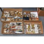 Four Boxes of Watchmakers Tools, watch spure, straps, glasses, movements, dials, cases, keys,