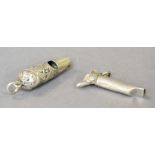 Two Victorian Silver Whistles, one unmarked, the terminal cast in the form of a dog's head, the