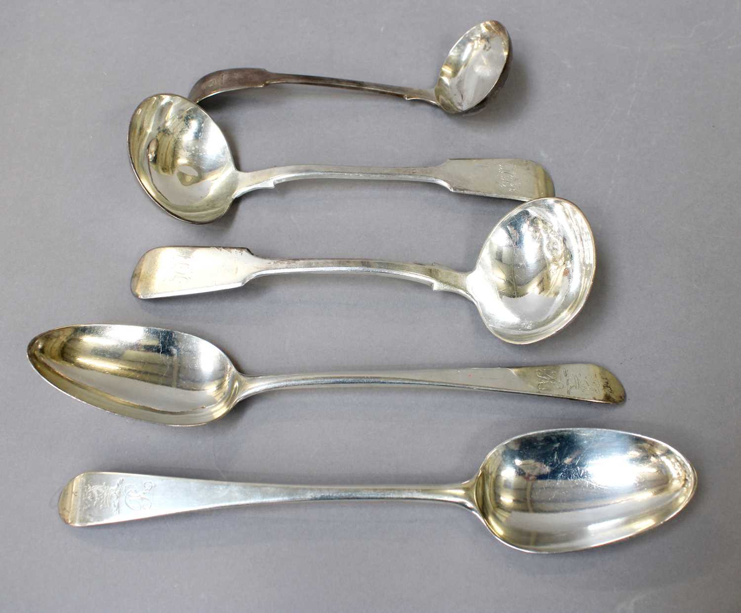 A Collection of George III and Later Silver Flatware, comprising a pair of Old English pattern