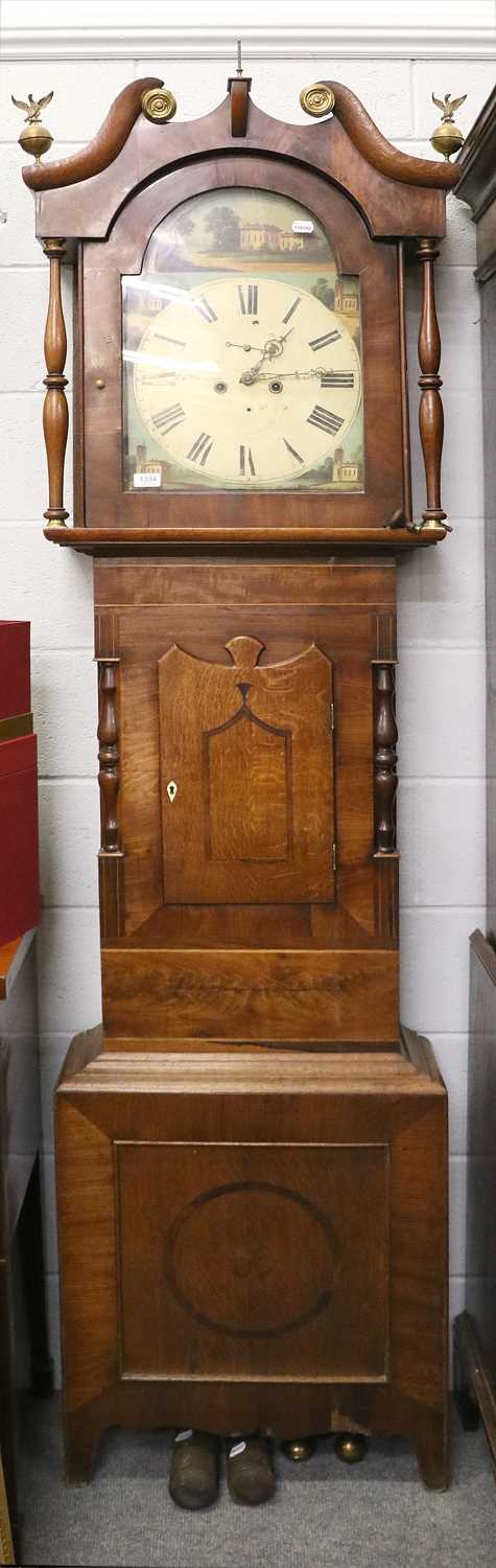 A Victorian Oak and Mahogany Eight-Day Longcase Clock, circa 1850, 14" painted arch dial signed Thos