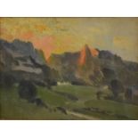 Attributed to Atans Michov (20th century)Mountainous landscape at sunsetOil on board, 10.5cm by