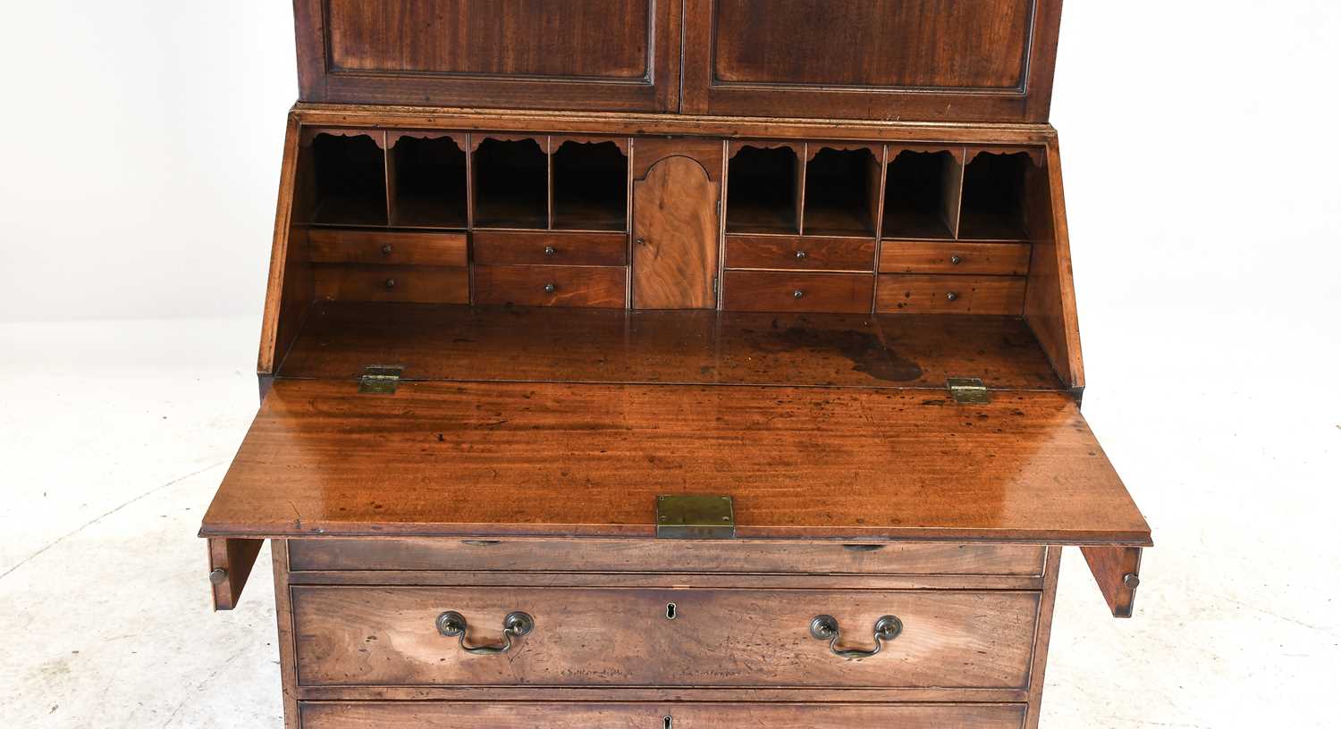 A George III Mahogany Bureau Bookcase, late 18th century, the upper section with architectural - Image 2 of 2