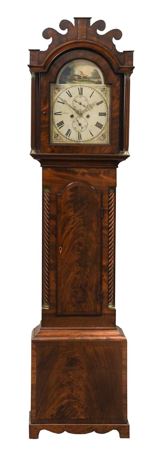 A Mahogany Eight Day Longcase Clock, early 19th century, scroll crested pediment, flame veneered