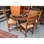 A Rustic Oak Centre Pedestal Kitchen Table, 20th century, 120cm (diameter) by 75cm, together with