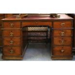 A Mahogany Twin Pedestal Desk, 19th century, the moulded rectangular top with red tooled leather