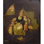 British School (18th Century) Provincial Painting of a Family Group, in a feigned oval Oil on metal,