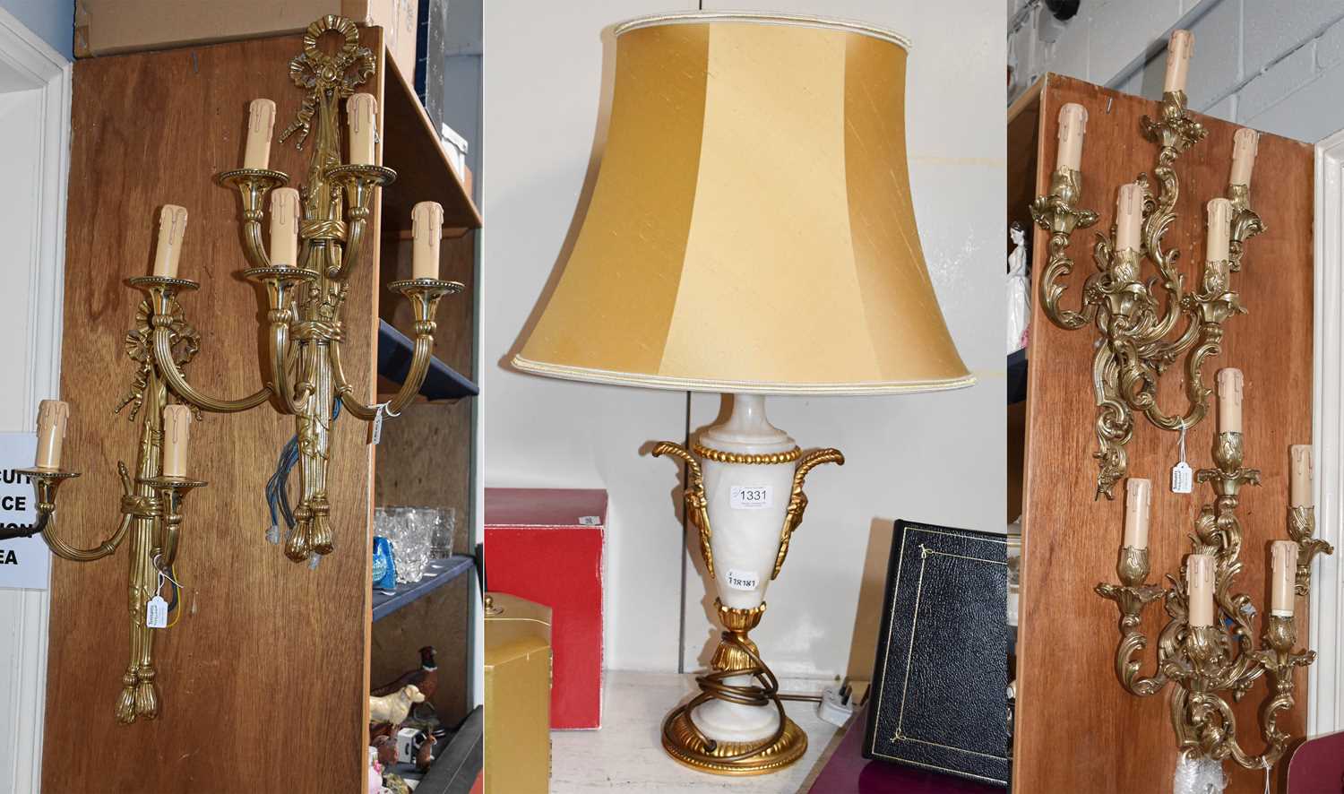 A Pair of Chelsom Wall Lights, Two Others and An Alabaster and Gilt Metal Table Lamp