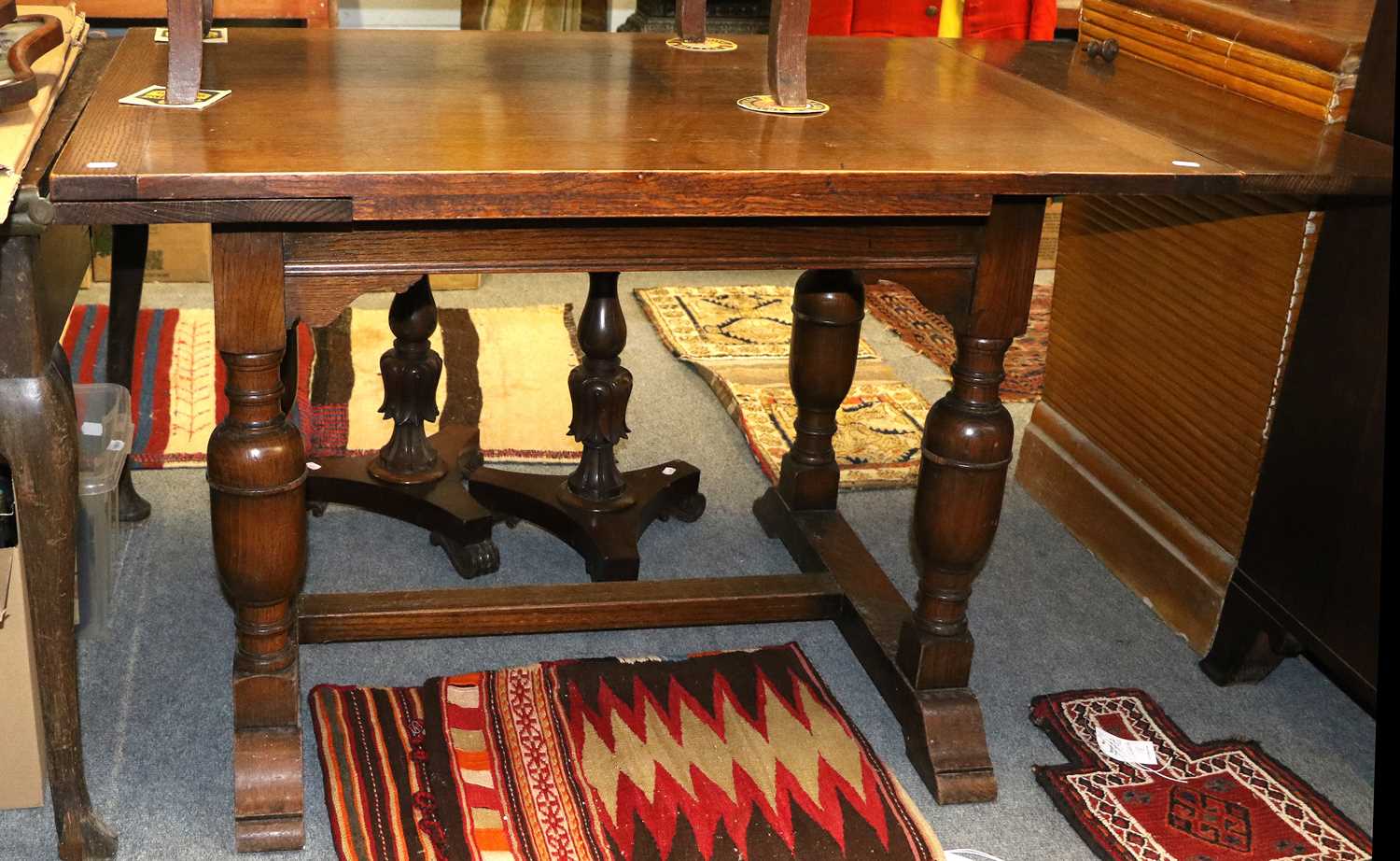 An Oak Work Table, 1st half 20th century, opening to reveal a fully fitted interior, on plain square