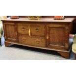 A Reproduction Oak Dresser Base, with moulded rectangular top and bracket feet, 168cm by 56cm by