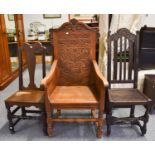 A 20th Century Carved Oak Wainscot Chair and Two 19th Century Oak Occasional Chairs (3)