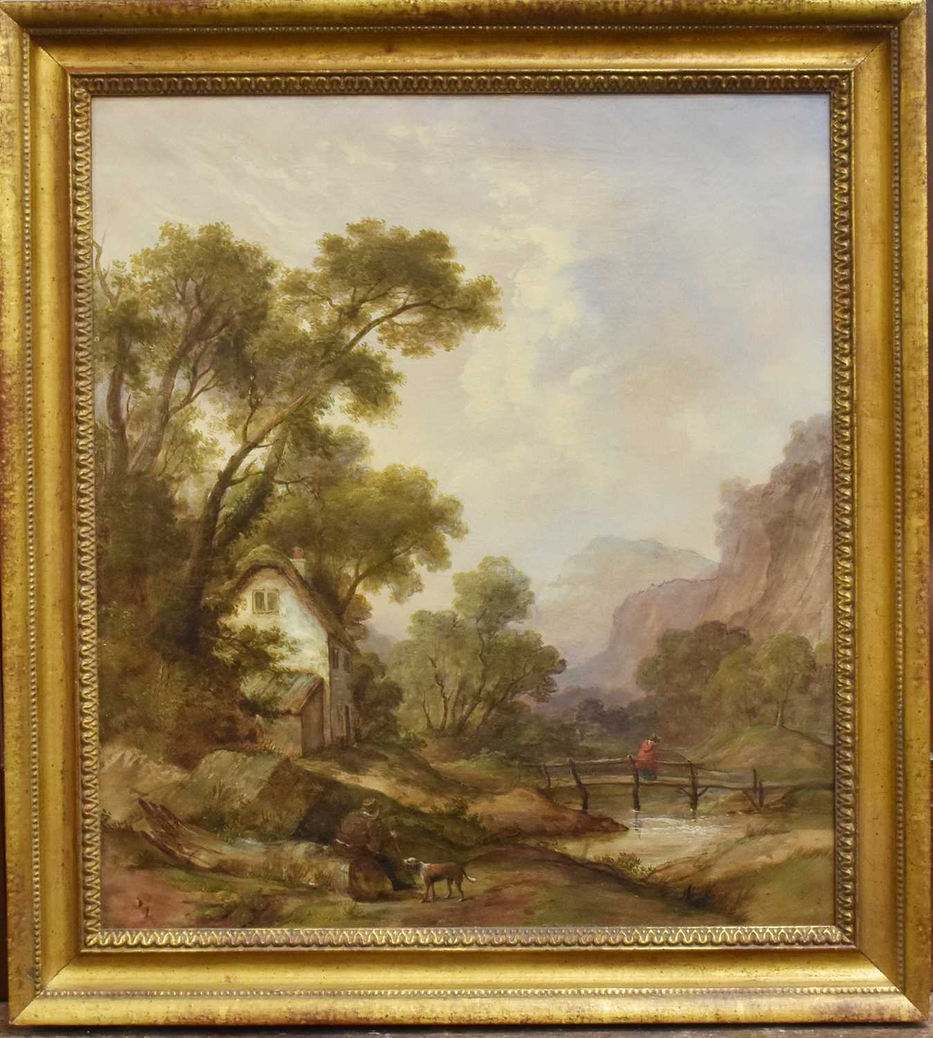 British School (19th Century), Figure and Dog Before Country Cottage, oil on canvas, 47cm by 41.5cm - Image 2 of 2