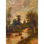 British School (20th Century) River landscape with church spire beyond Oil on canvas, 100.5cm by