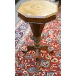 A Victorian Inlaid Walnut Centre Pedestal Work Table, 45cm (square) by 76cm, A Carved Walnut