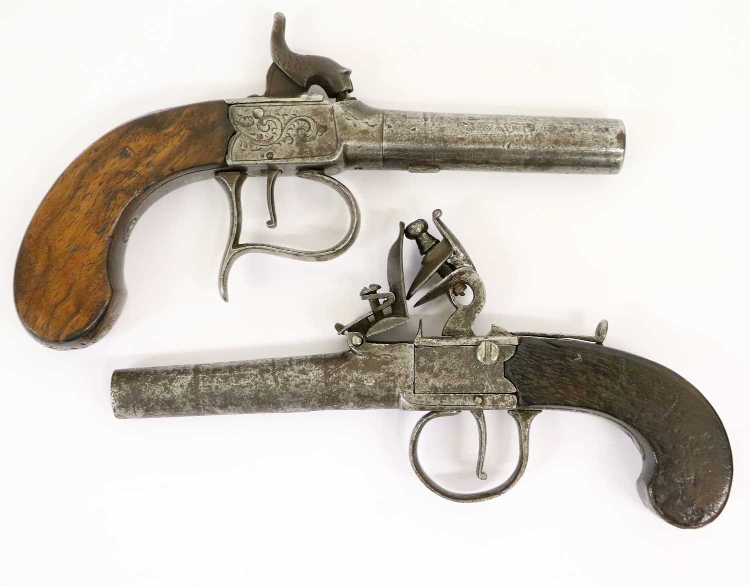A Late 18th Century Flintlock Pocket Pistol, the 7cm turn-off steel barrel with London proof