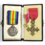 An OBE Breast Badge (Civil), second type, in case of issue, with the miniature; a British War Medal,