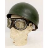 A Second World War Despatch Rider's Helmet, with dark green finish, felt padded liner, leather