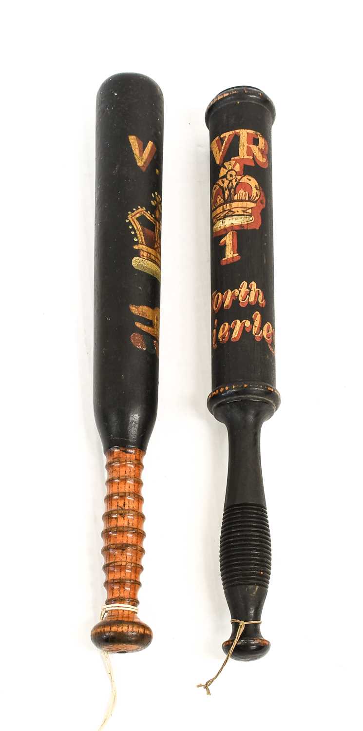 A Victorian North Bierley Police Truncheon, of ebonised oak, the cylindrical body painted with VR