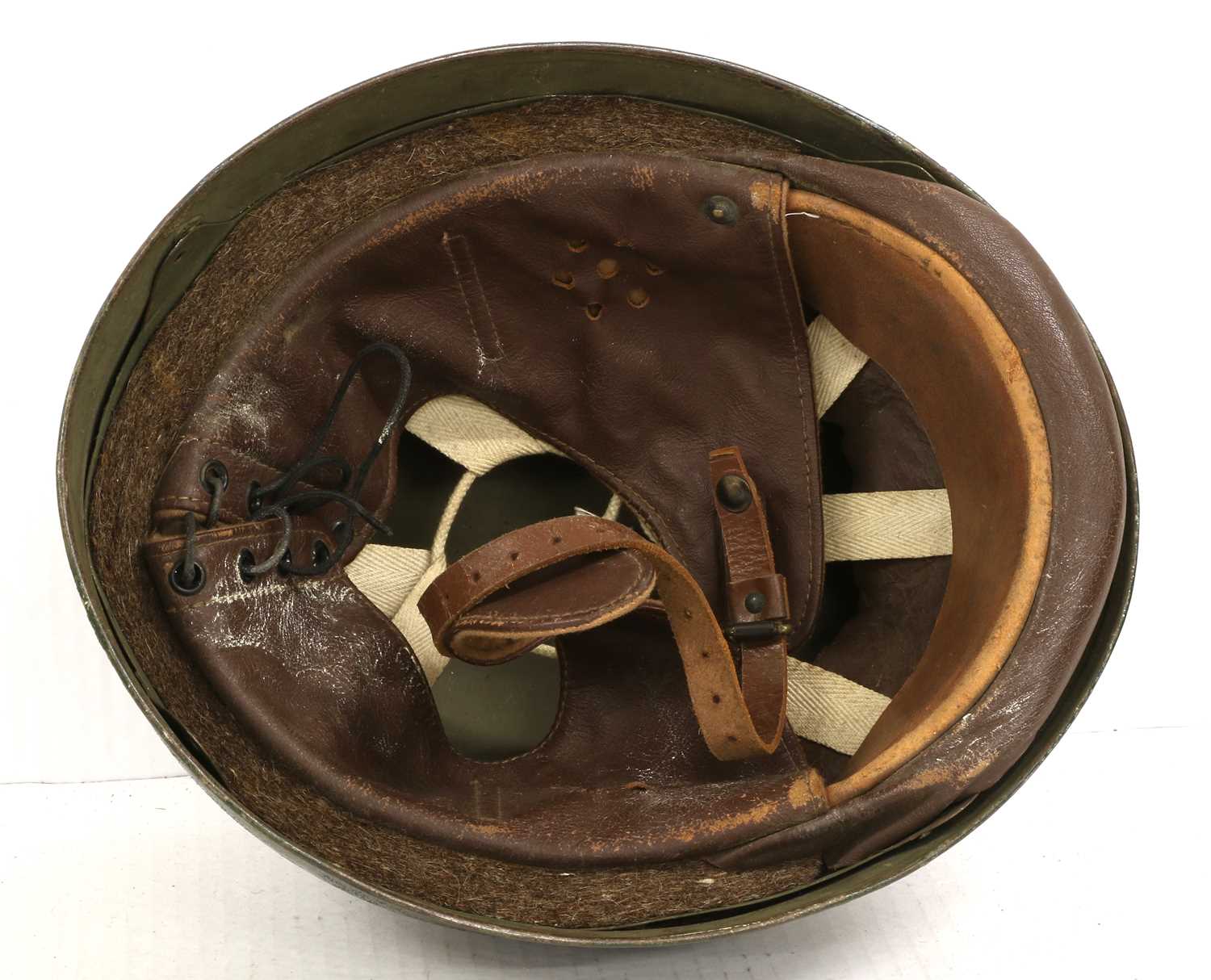 A Second World War Despatch Rider's Helmet, with dark green finish, felt padded liner, leather - Image 4 of 4