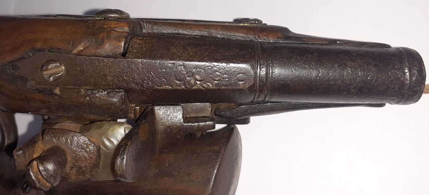 An 18th Century Small Flintlock Pocket Pistol, the 8cm round barrel octagonal at the breech and - Image 6 of 10