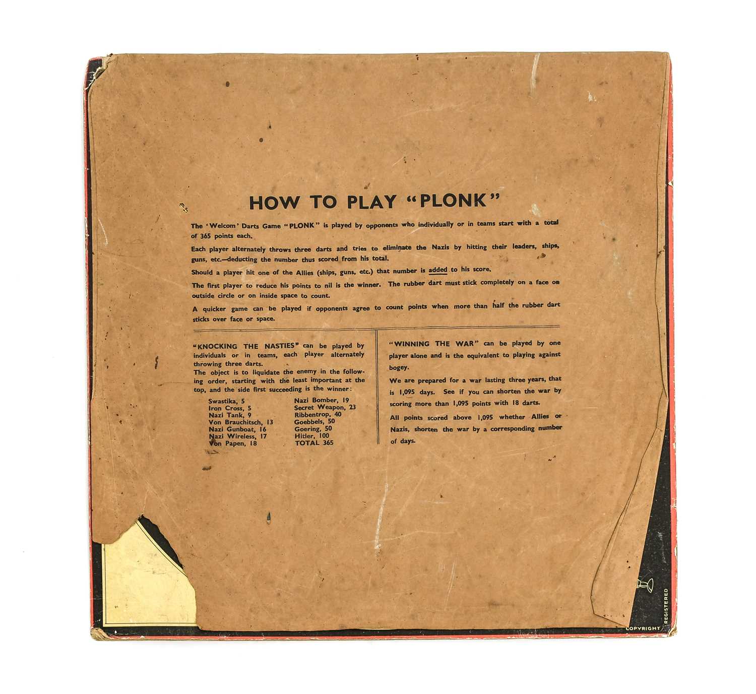 A Second World War Propaganda 'Welcom' "Plonk" Dart Game, the square card dartboard printed in - Image 2 of 2