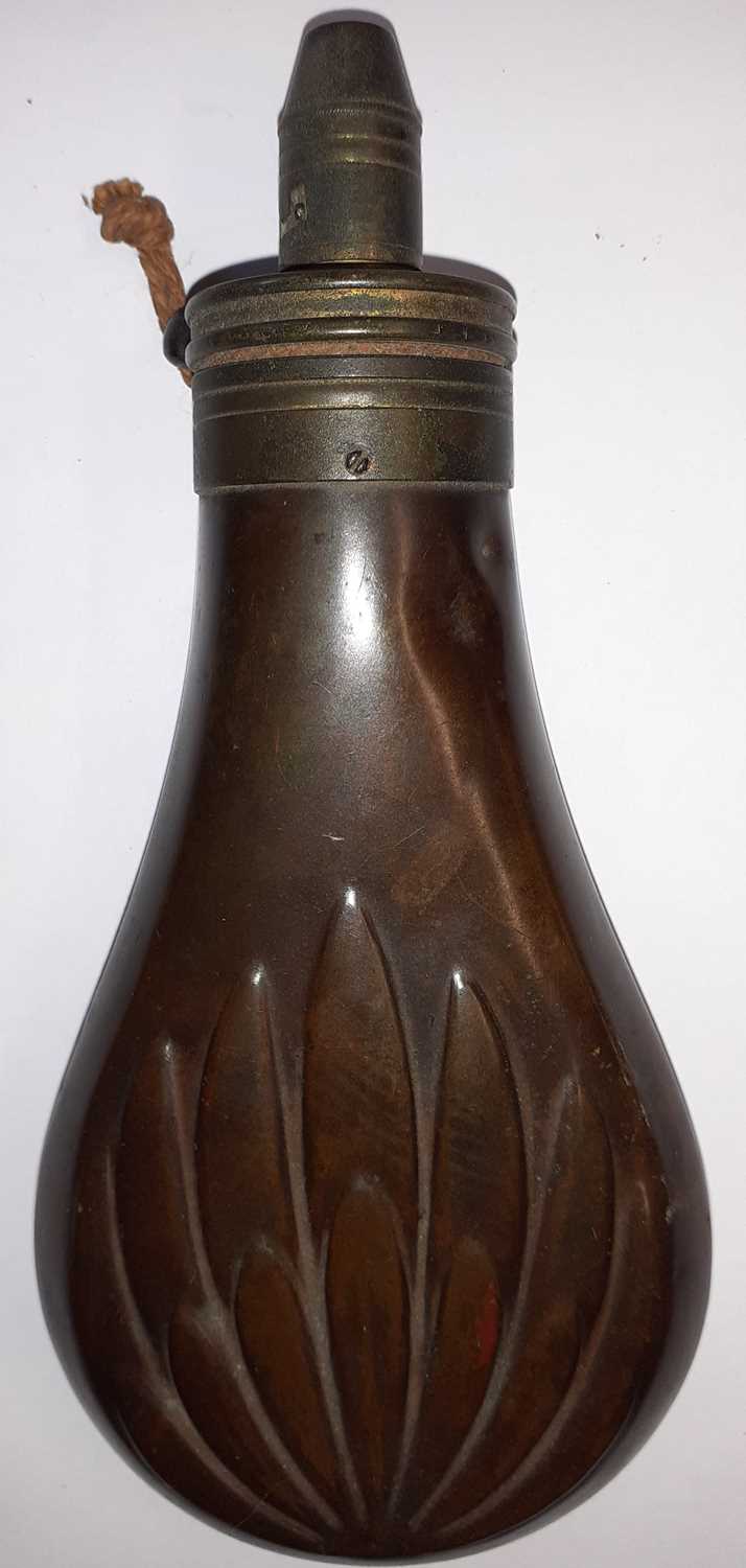 A 19th Century Dark Patinated Copper Powder Flask, of compressed globular form, each side embossed - Image 5 of 9