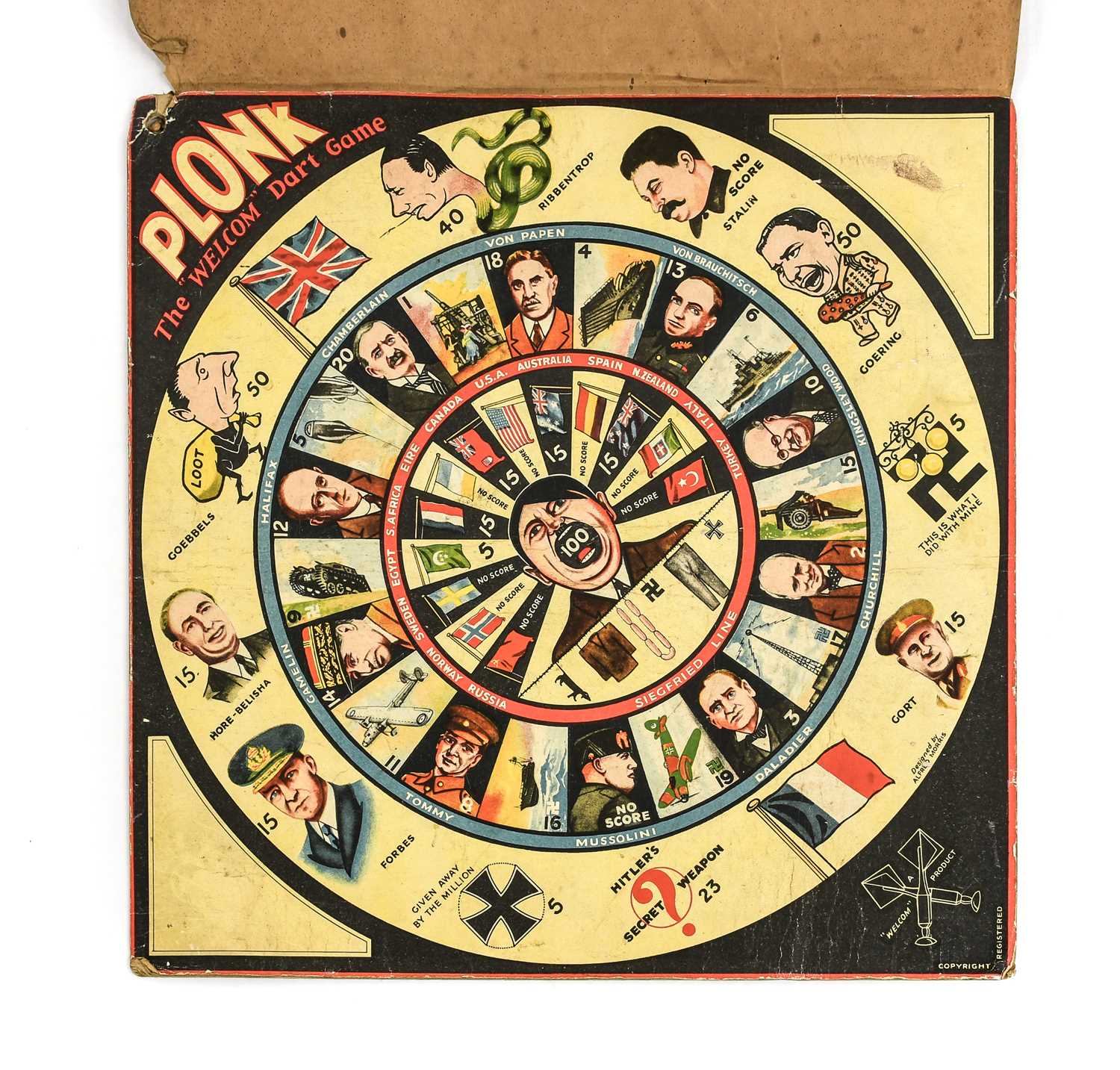 A Second World War Propaganda 'Welcom' "Plonk" Dart Game, the square card dartboard printed in