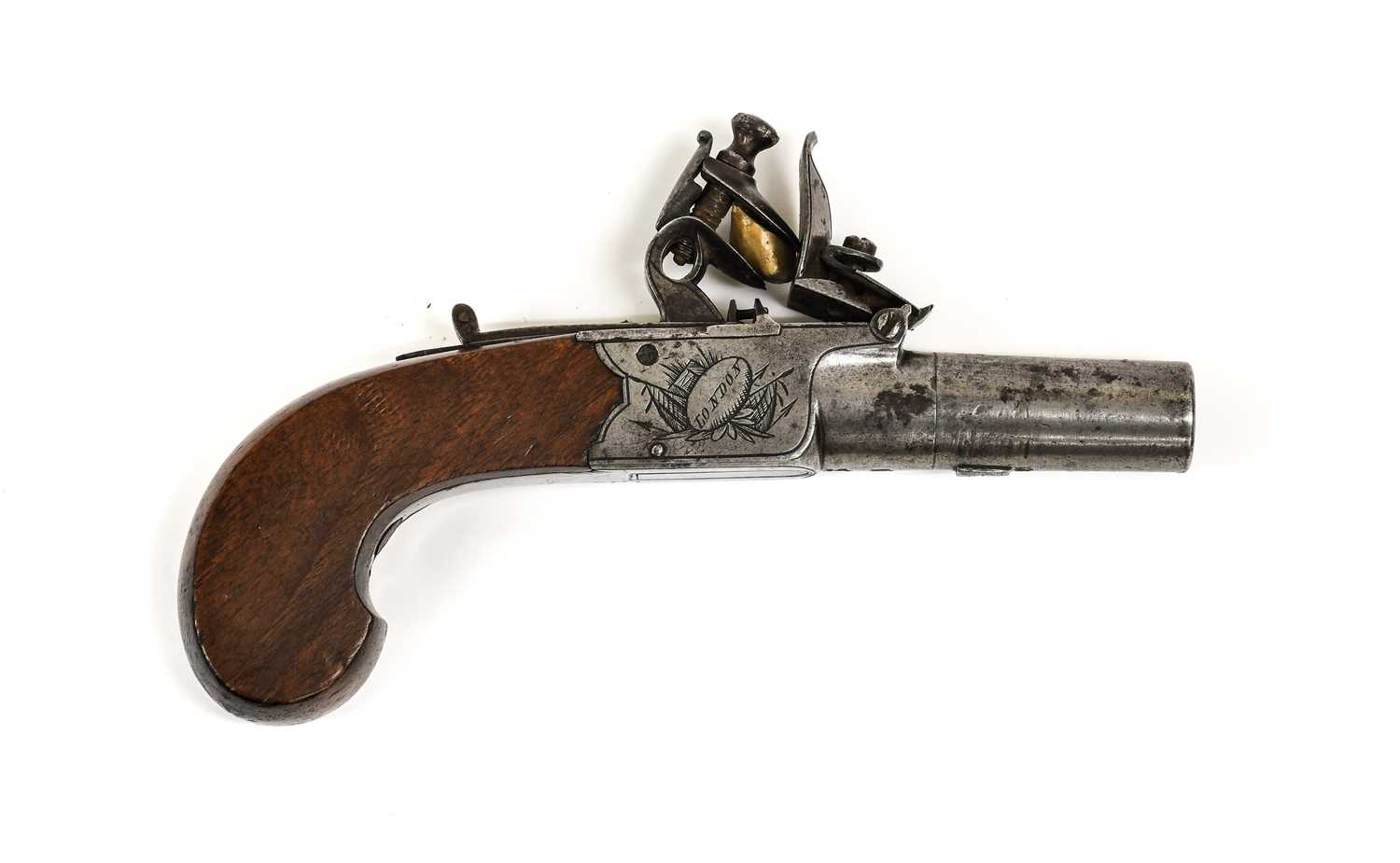 An Early 19th Century Flintlock Pocket Pistol, the 4cm round turn-off steel barrel with Birmingham