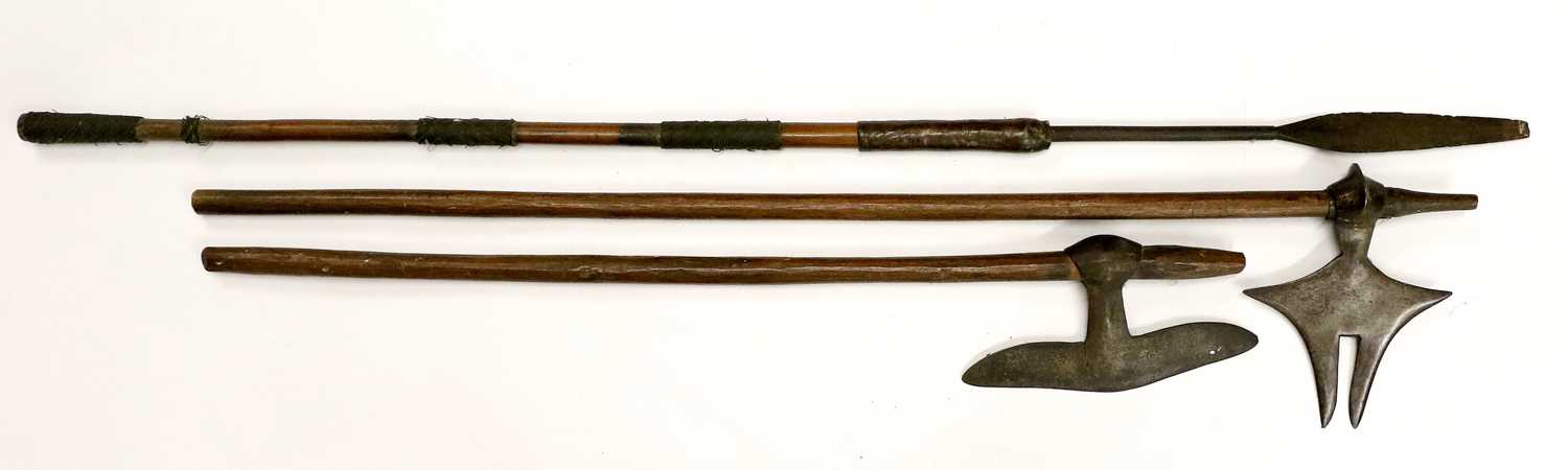 Two 19th Century Khond Bullova (Axes), India, one with four pronged bifurcated steel blade, blade