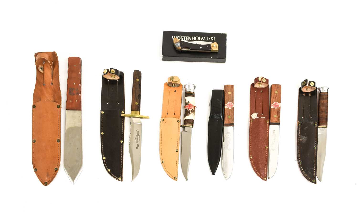 Three Hunting Knives William Rodgers, Sheffield, one with antler grip with aluminium pommel and