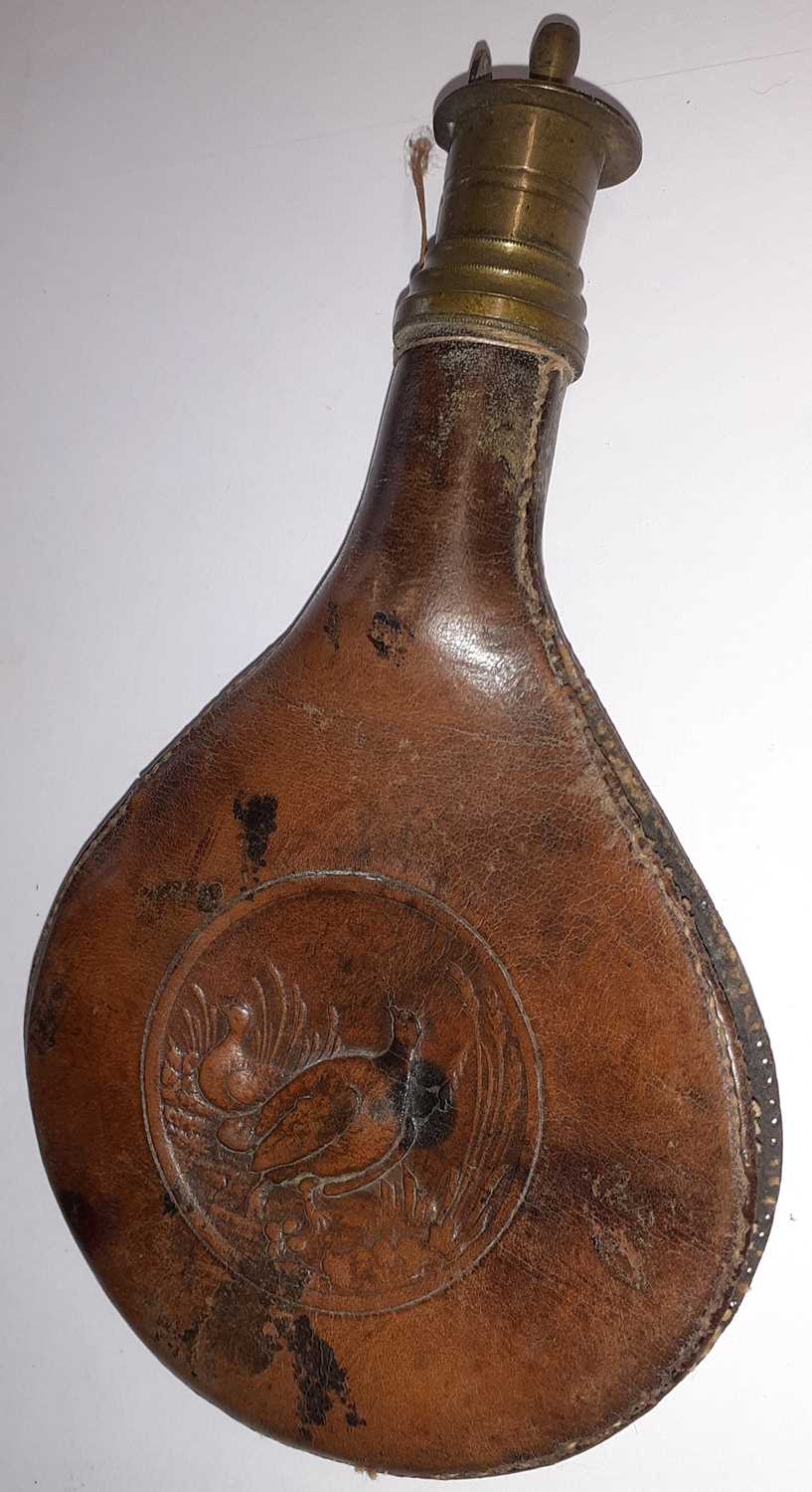 A 19th Century Dark Patinated Copper Powder Flask, of compressed globular form, each side embossed - Image 3 of 9