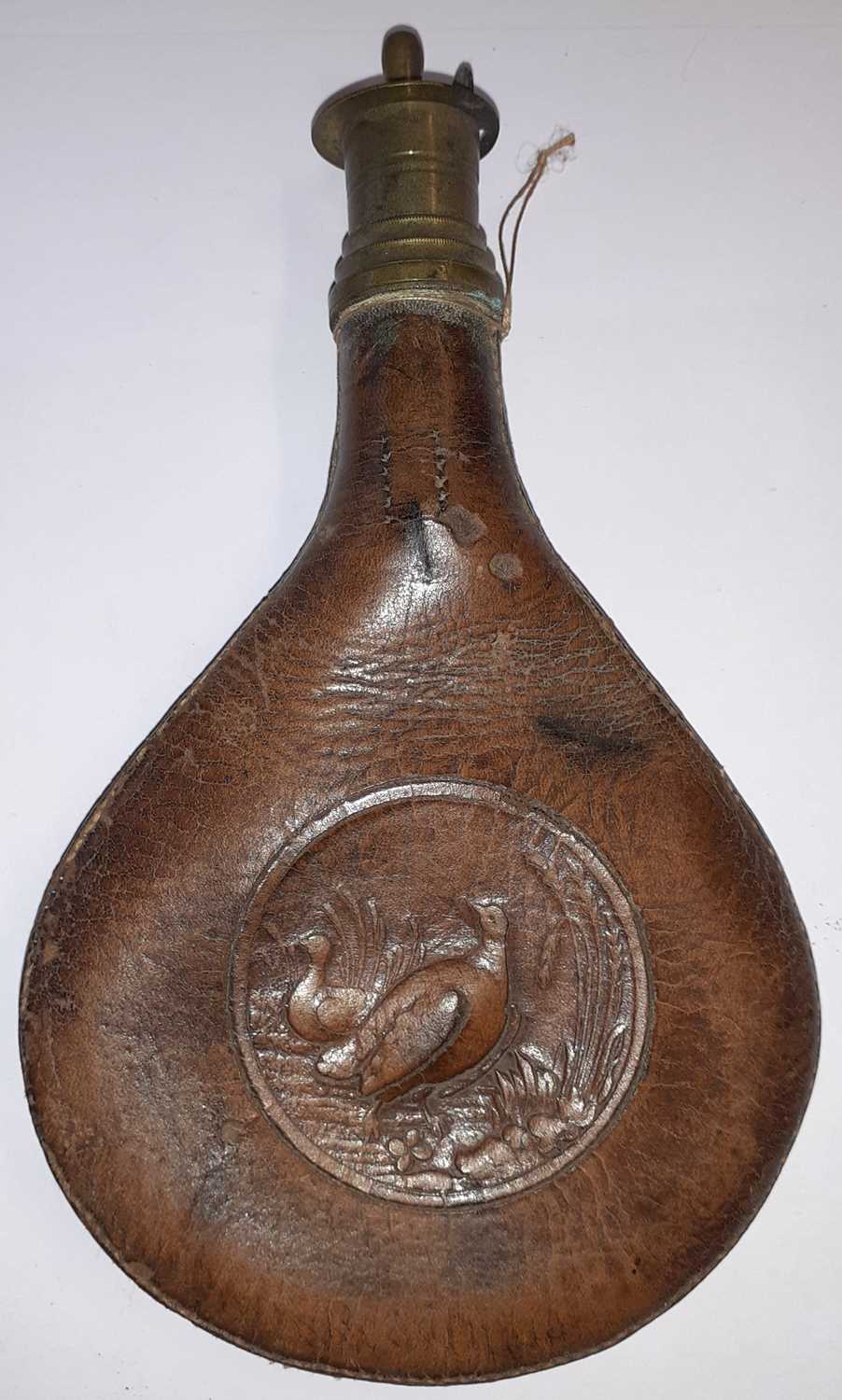 A 19th Century Dark Patinated Copper Powder Flask, of compressed globular form, each side embossed - Image 4 of 9